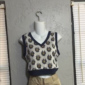 Floral Sleeveless V-Neck Top - Navy and White. ( 3 for $15)